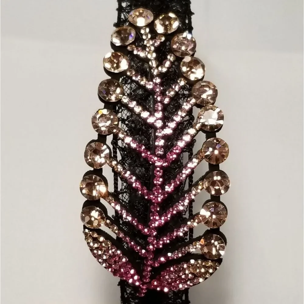 Champagne Pink Crystals Leaf Black Lace Hairband